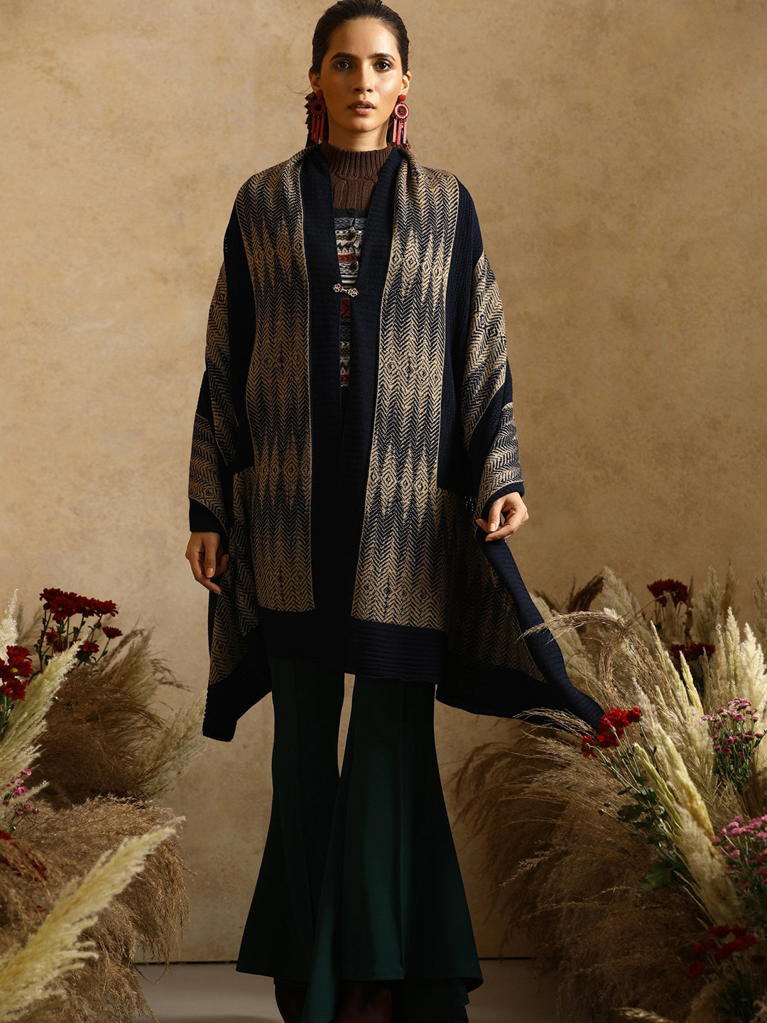 

KHALEEJ Women Asymmetric Closure Wool Longline Cape Jacket, Navy blue