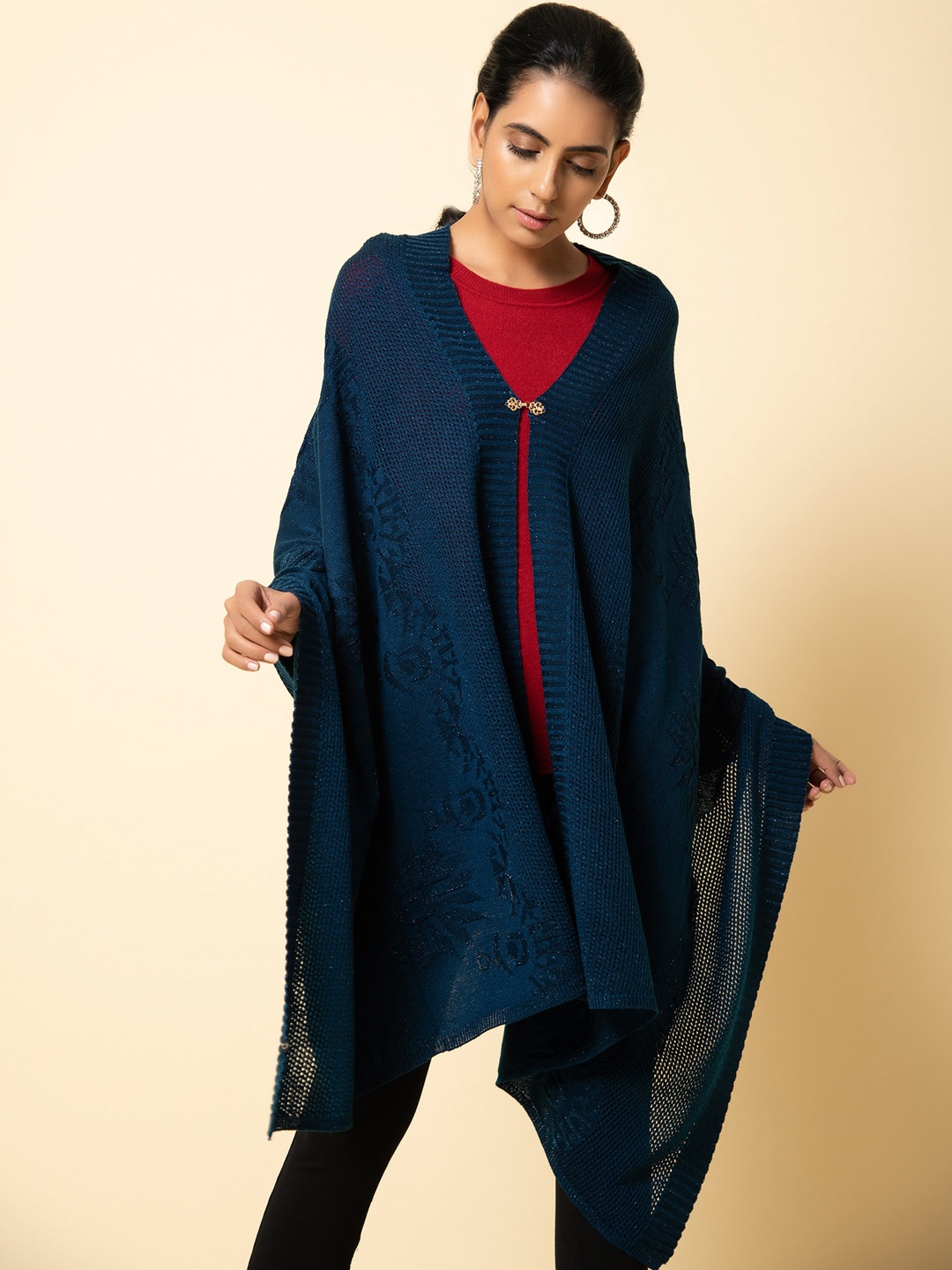 

KHALEEJ Women Striped Asymmetric Closure Longline Open Front Jacket, Navy blue