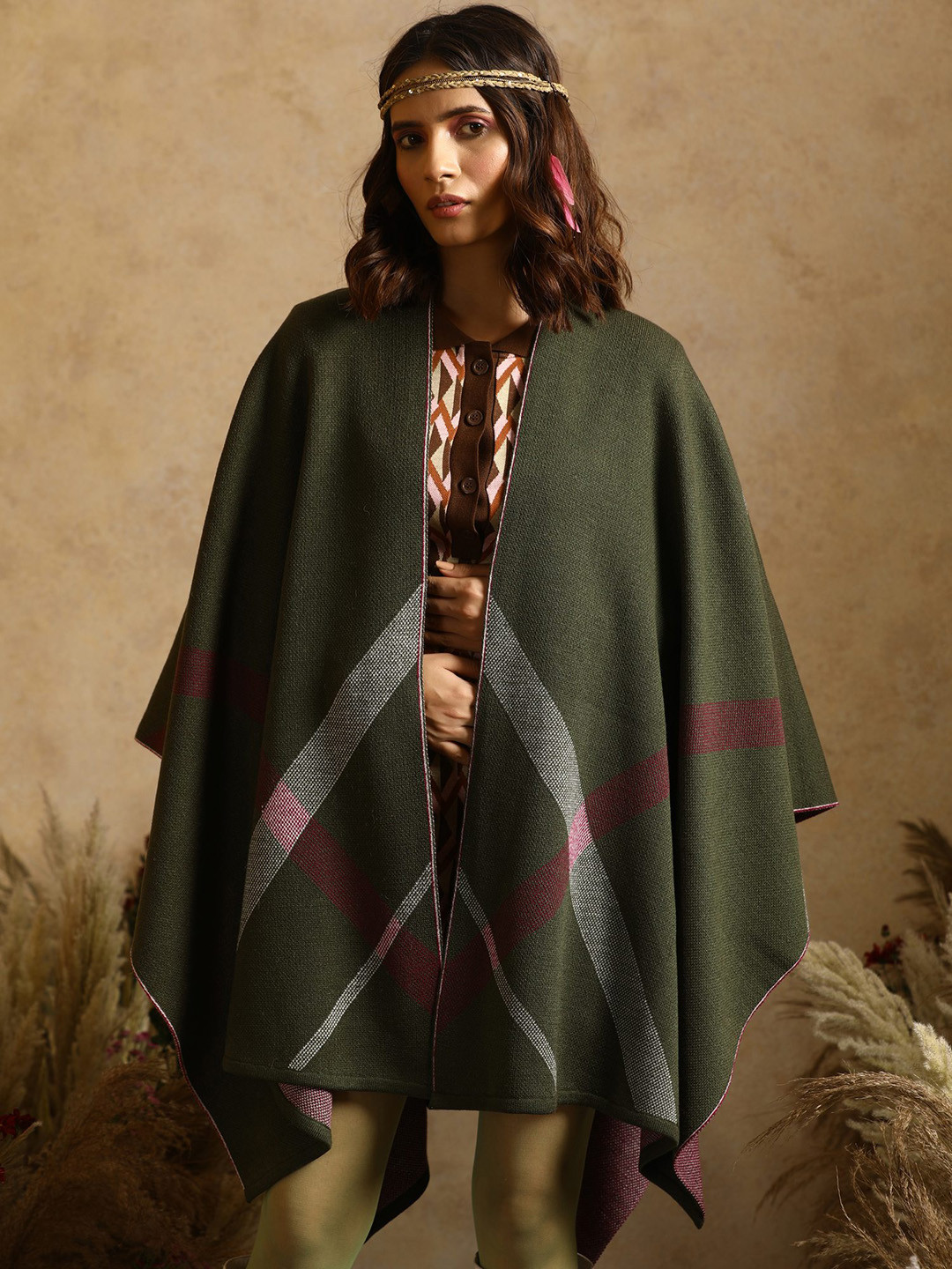 

KHALEEJ Women Asymmetric Closure Longline Cape Jacket, Green