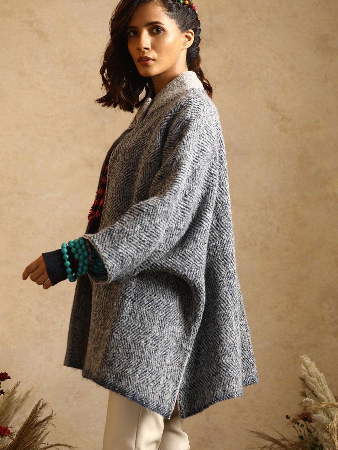 

KHALEEJ Women Self-Design Striped Woolen Front Open Cardigan, Blue