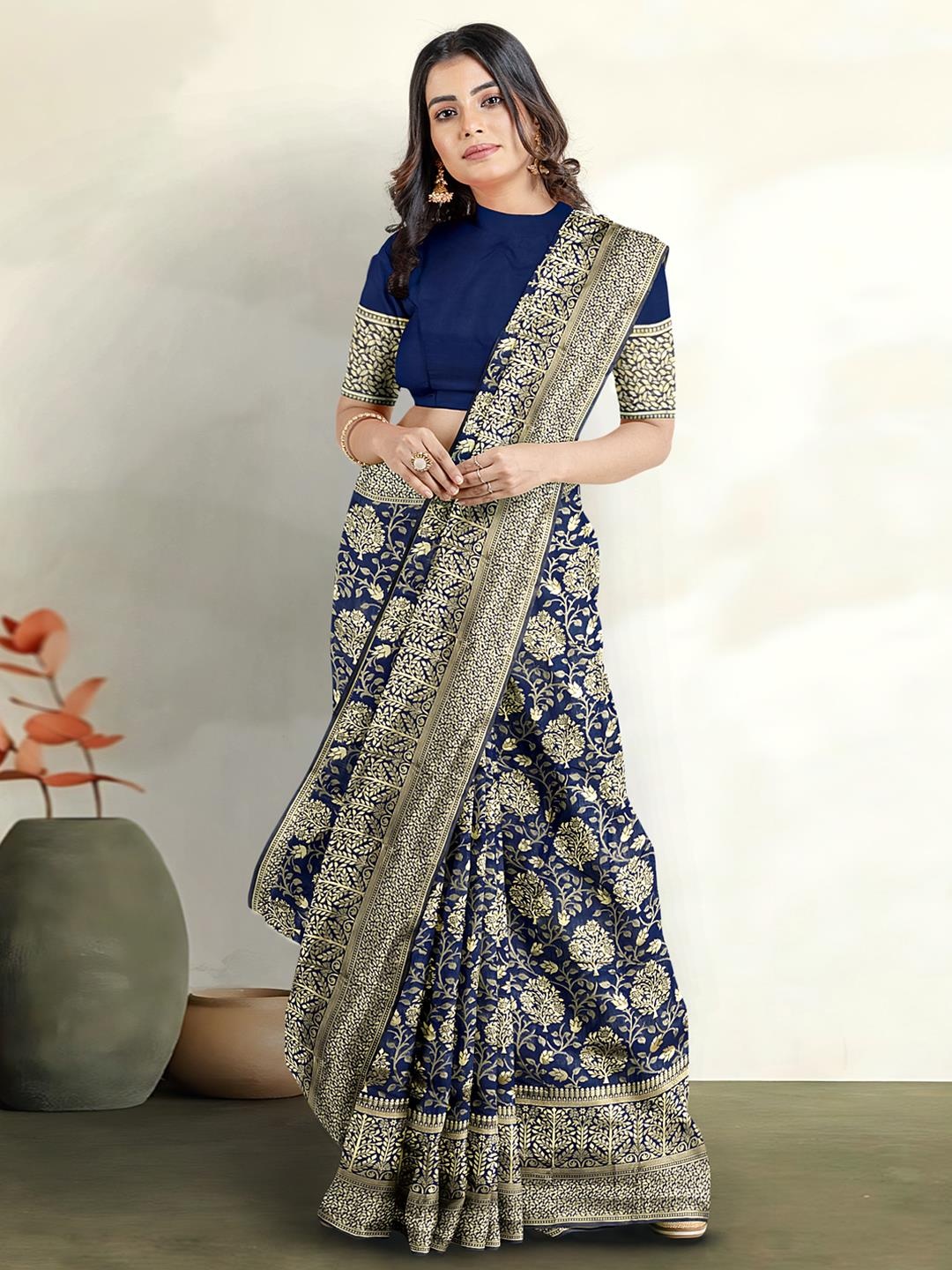 

Kalamandir Ethnic Motifs Woven Design Zari Saree, Navy blue