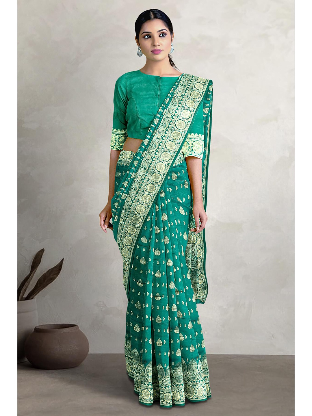 

Kalamandir Ethnic Motifs Woven Design Zari Saree, Teal