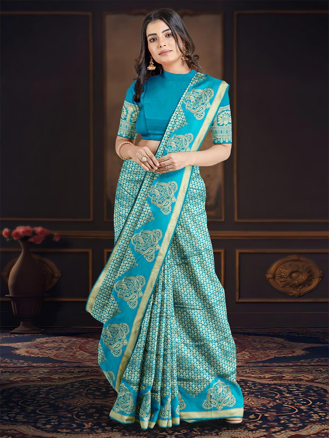 

Kalamandir Woven Design Zari Bordered Saree, Blue