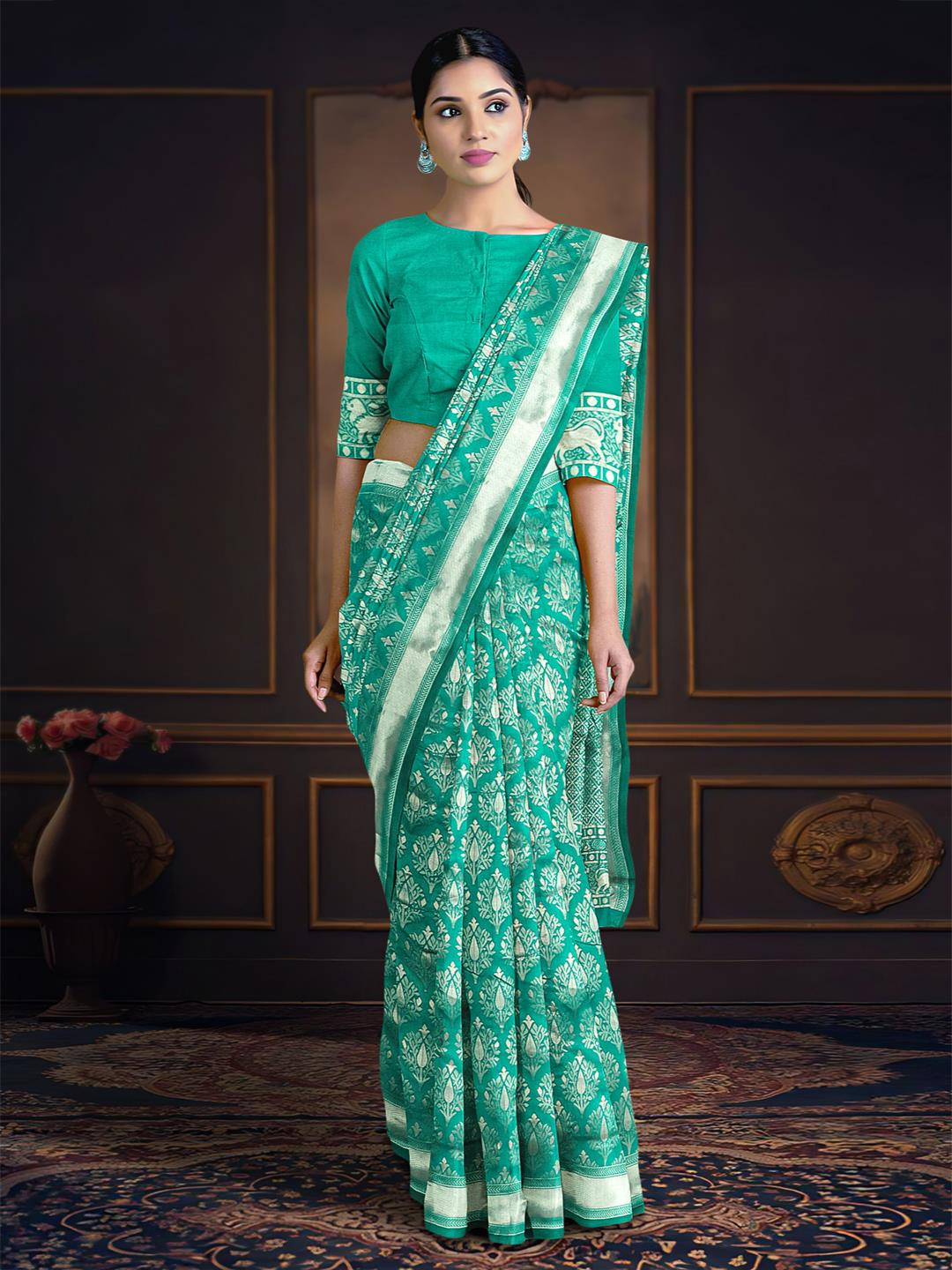 

Kalamandir Woven Design Zari Bordered Saree, Teal