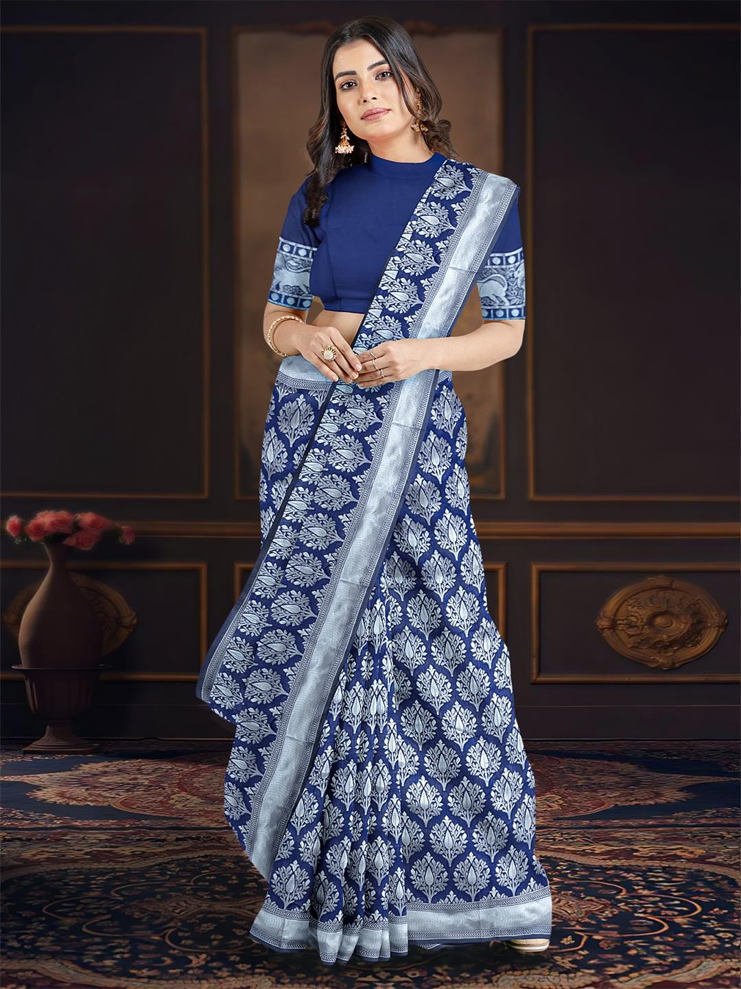 

Kalamandir Navy Woven Design Zari Saree, Navy blue