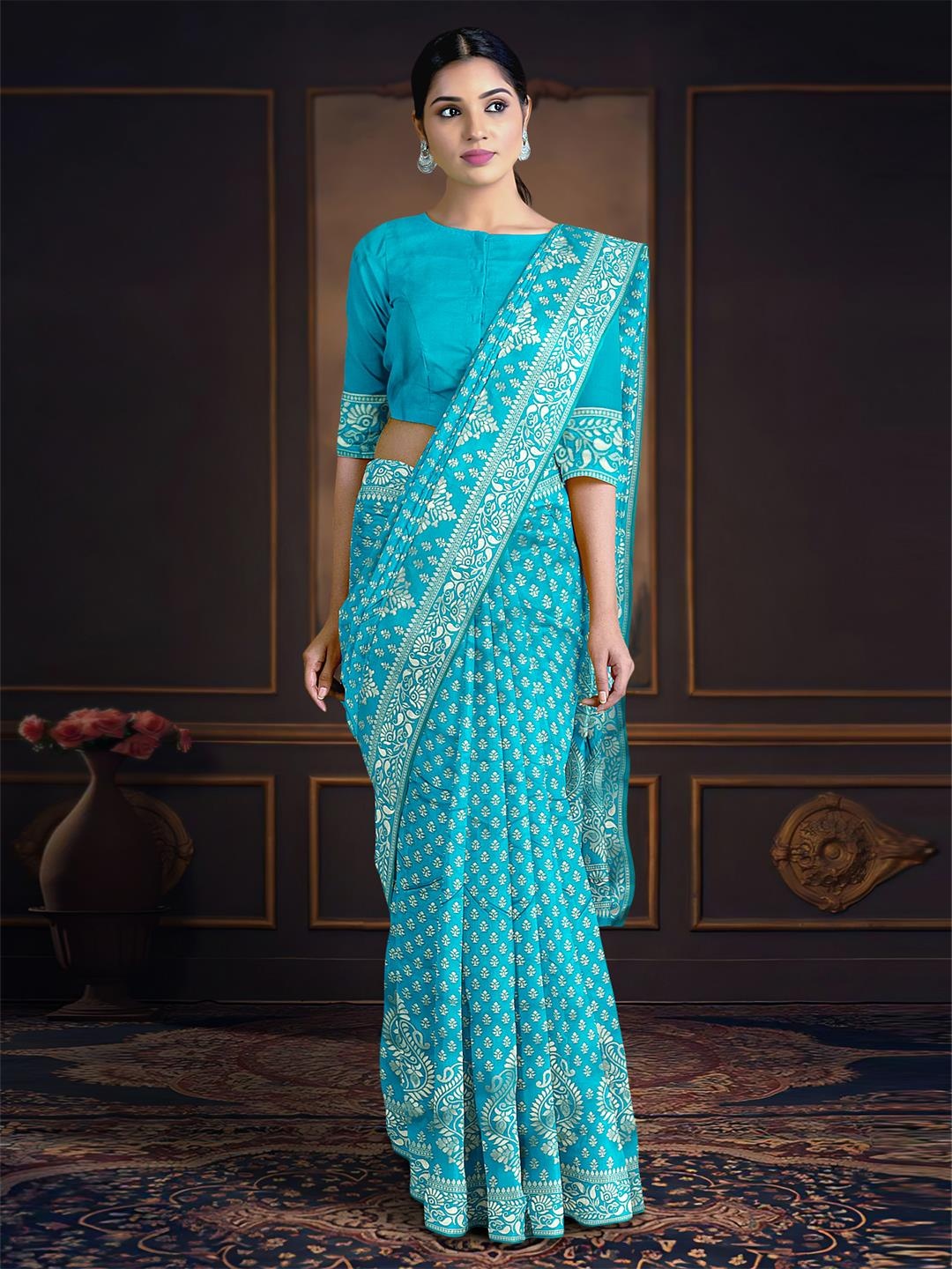 

Kalamandir Ethnic Motifs Woven Design Zari Border Saree, Blue