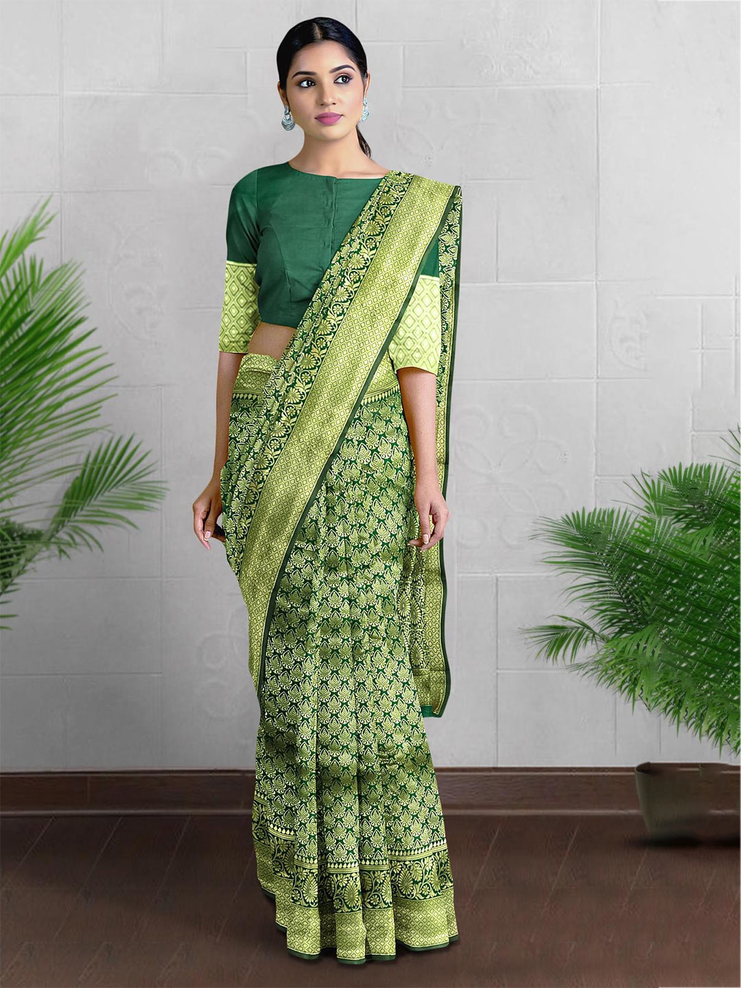 

Kalamandir Ethnic Motifs Woven Design Zari Saree, Green