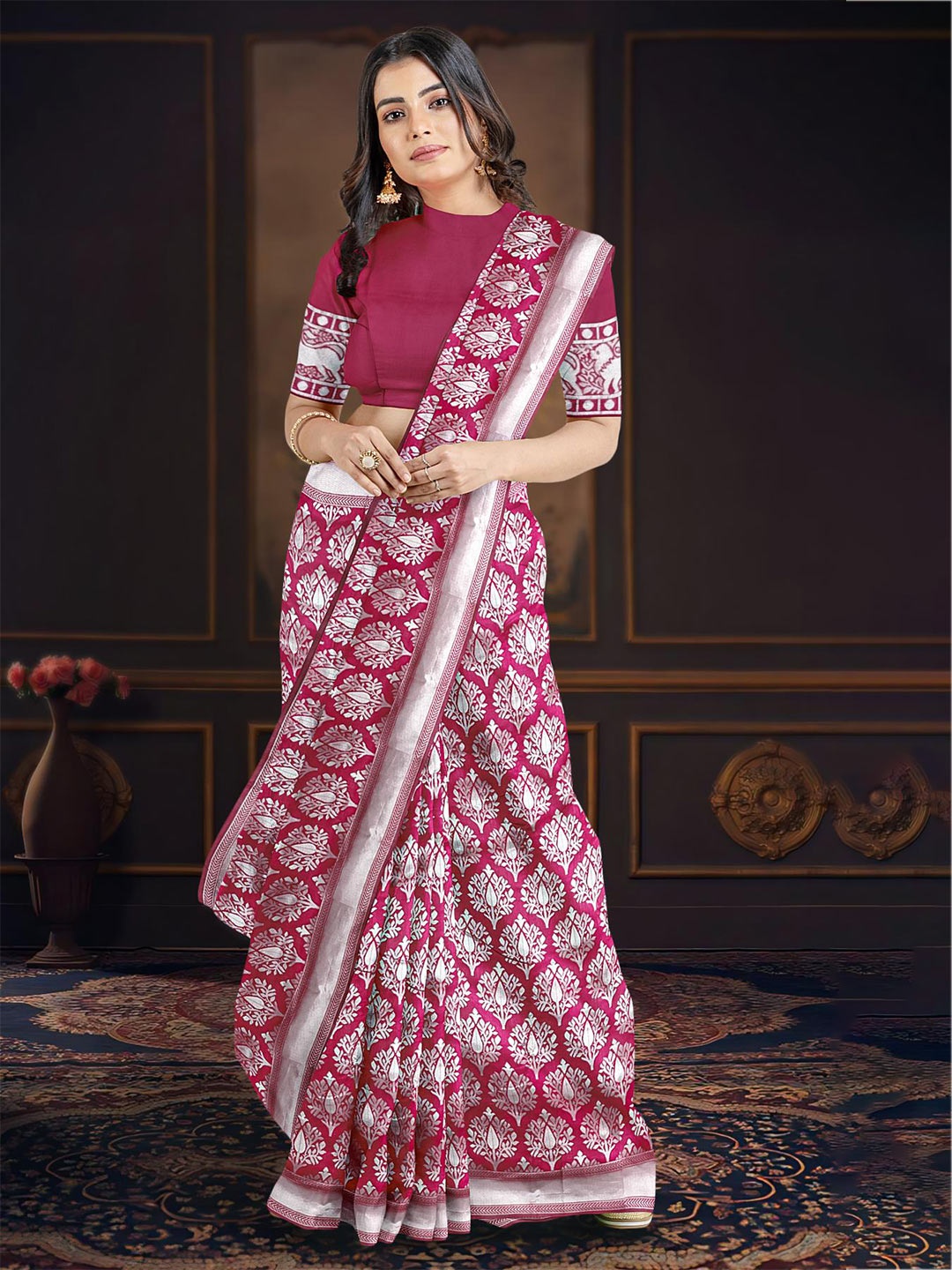 

Kalamandir Ethnic Motifs Woven Design Zari Border Saree, Magenta