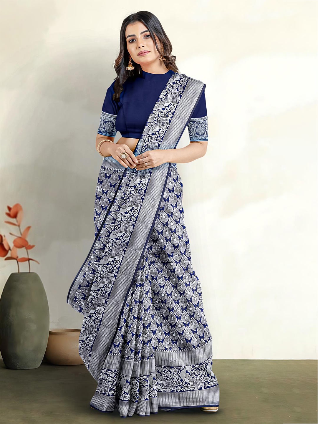 

Kalamandir Ethnic Motifs Woven Design Zari Border Saree, Navy blue