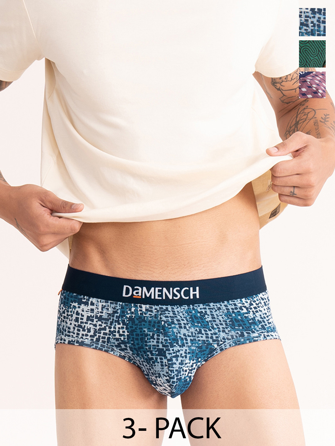 

DAMENSCH Men Pack Of 3 Printed Deo-Cotton Anti-Bacterial Moisture-Free Briefs, Purple