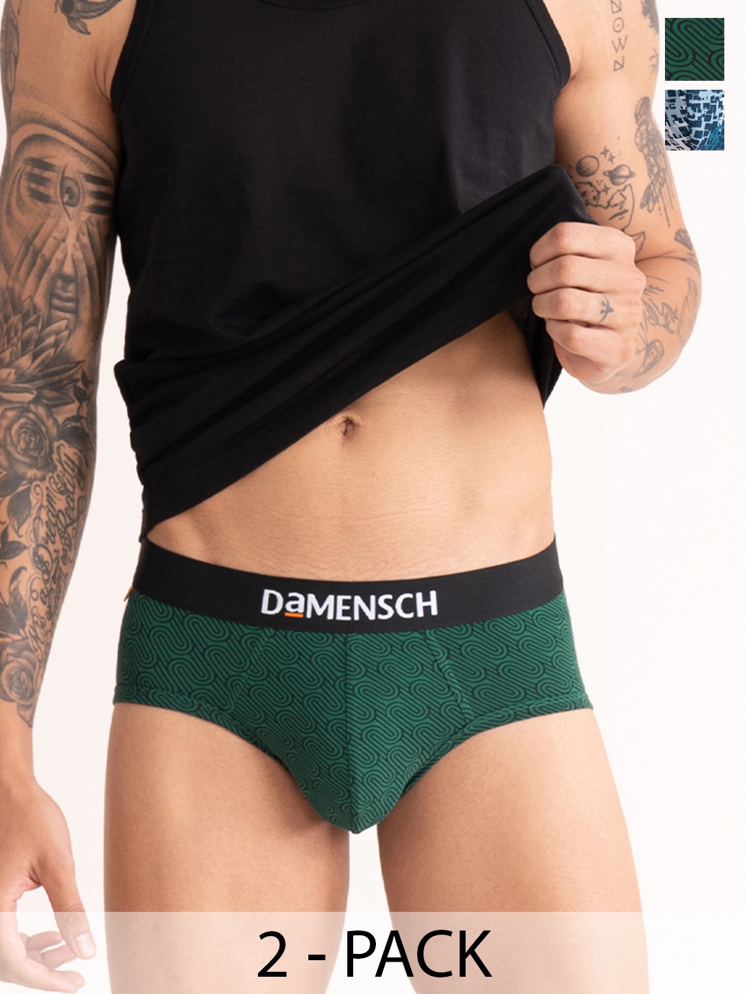 

DAMENSCH Men Pack Of 2 Printed Deo-Cotton Anti-Bacterial Moisture-Free Briefs, Green