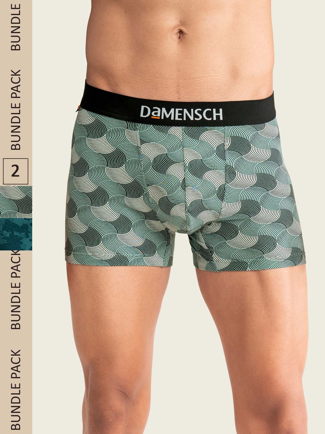 

DAMENSCH Men Pack Of 2 Printed Deo-Cotton Men's Anti-Bacterial Moisture-Free Trunks, Olive