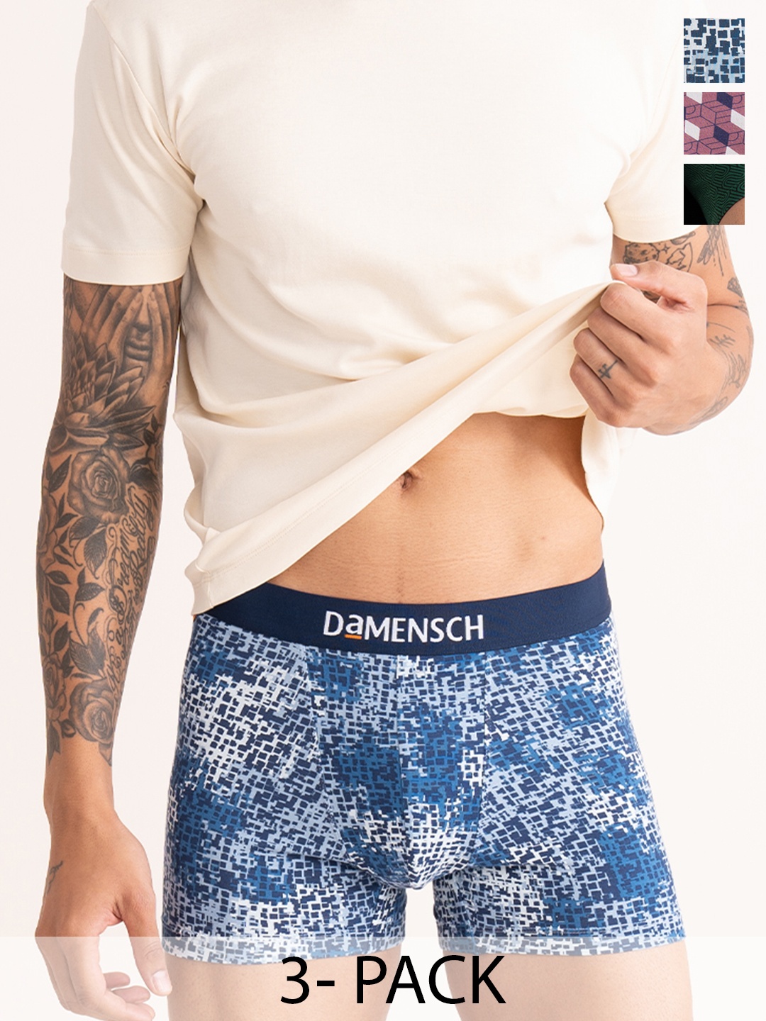 

DaMENSCH Pack of 3 DEO-SOFT Printed Premium Egyptian Cotton-Modal Blend Trunk, Blue