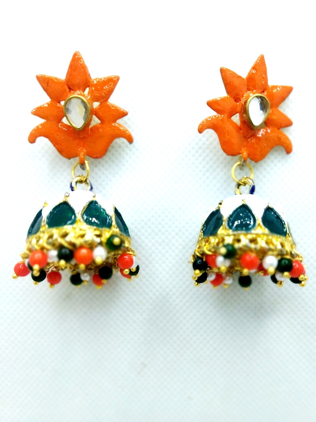 

Kshitij Jewels Gold-Plated Stone Studded & Beaded Dome Shaped Jhumkas, Orange