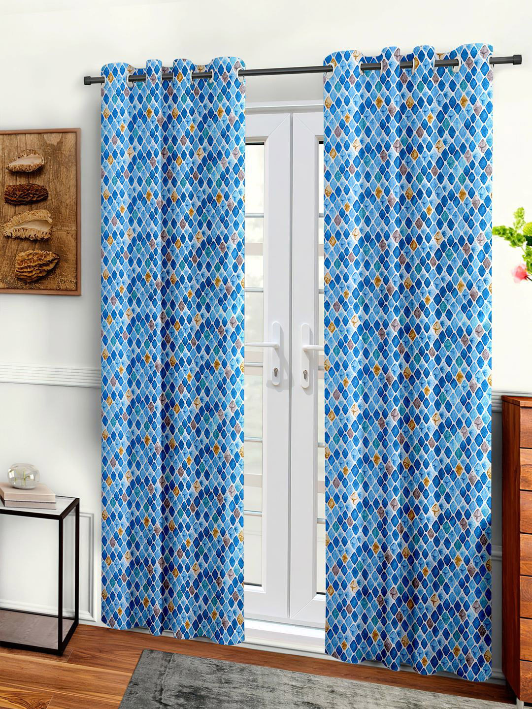 

Cortina Blue & White 2 Pieces Geometric Long Door Curtain