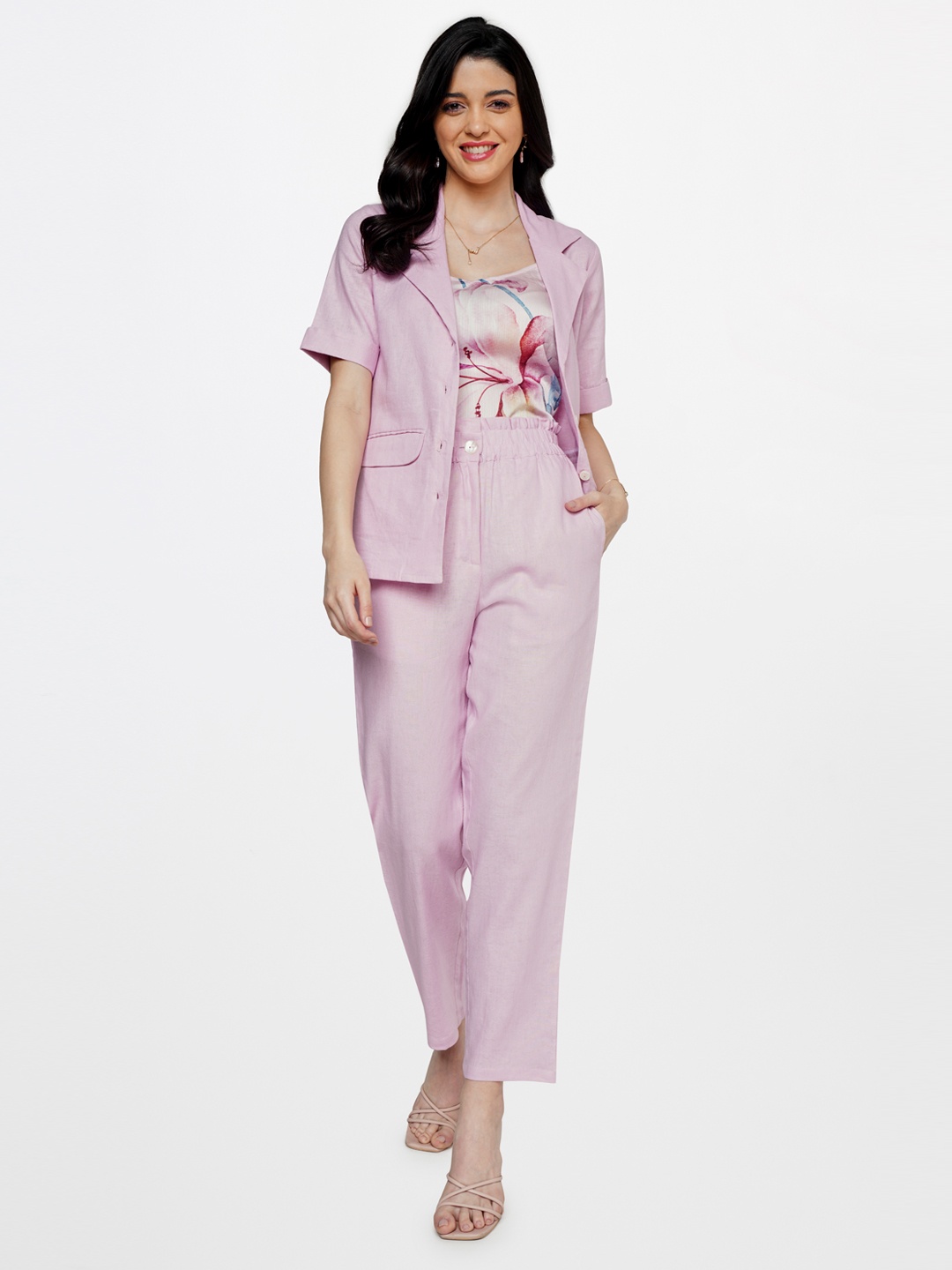 

AND Women Printed Top with Trouser Co-Ords Set, Pink