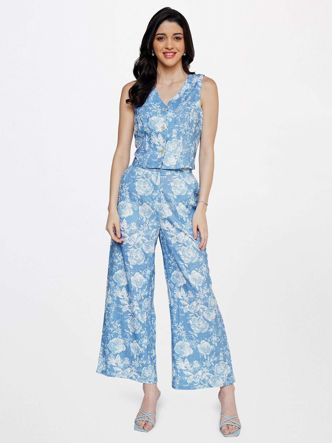 

AND Women Floral Printed Top with Palazzos, Blue