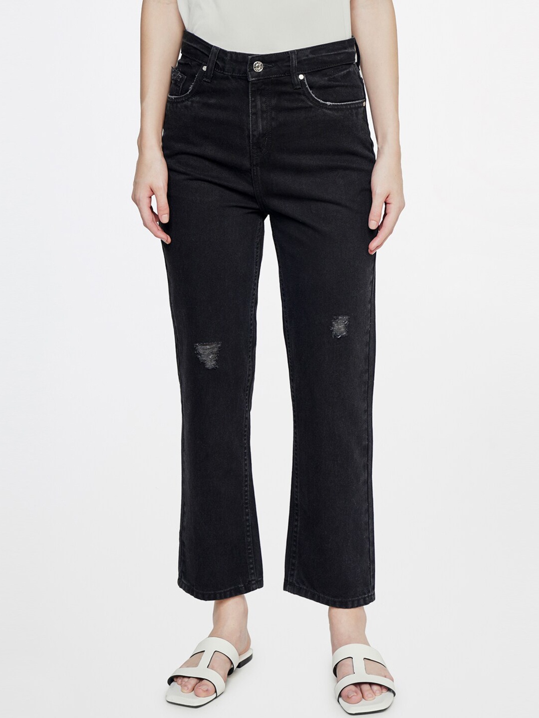 

AND Women Straight Fit Pure Cotton Cropped Jeans, Black