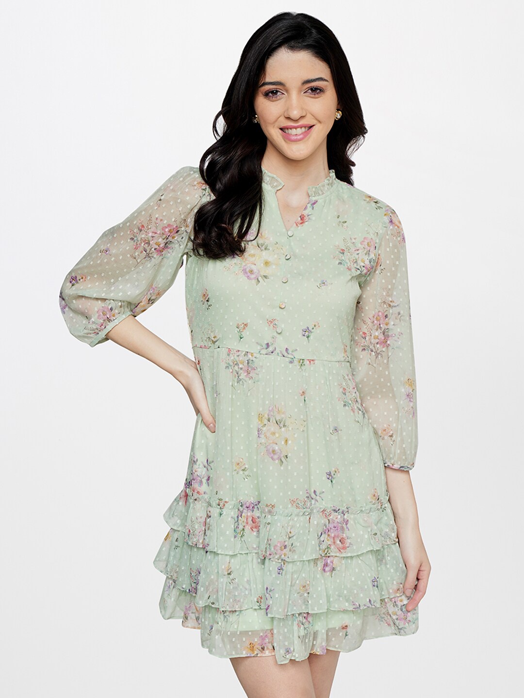 

AND Floral Notch Neck A-Line Dress, Green