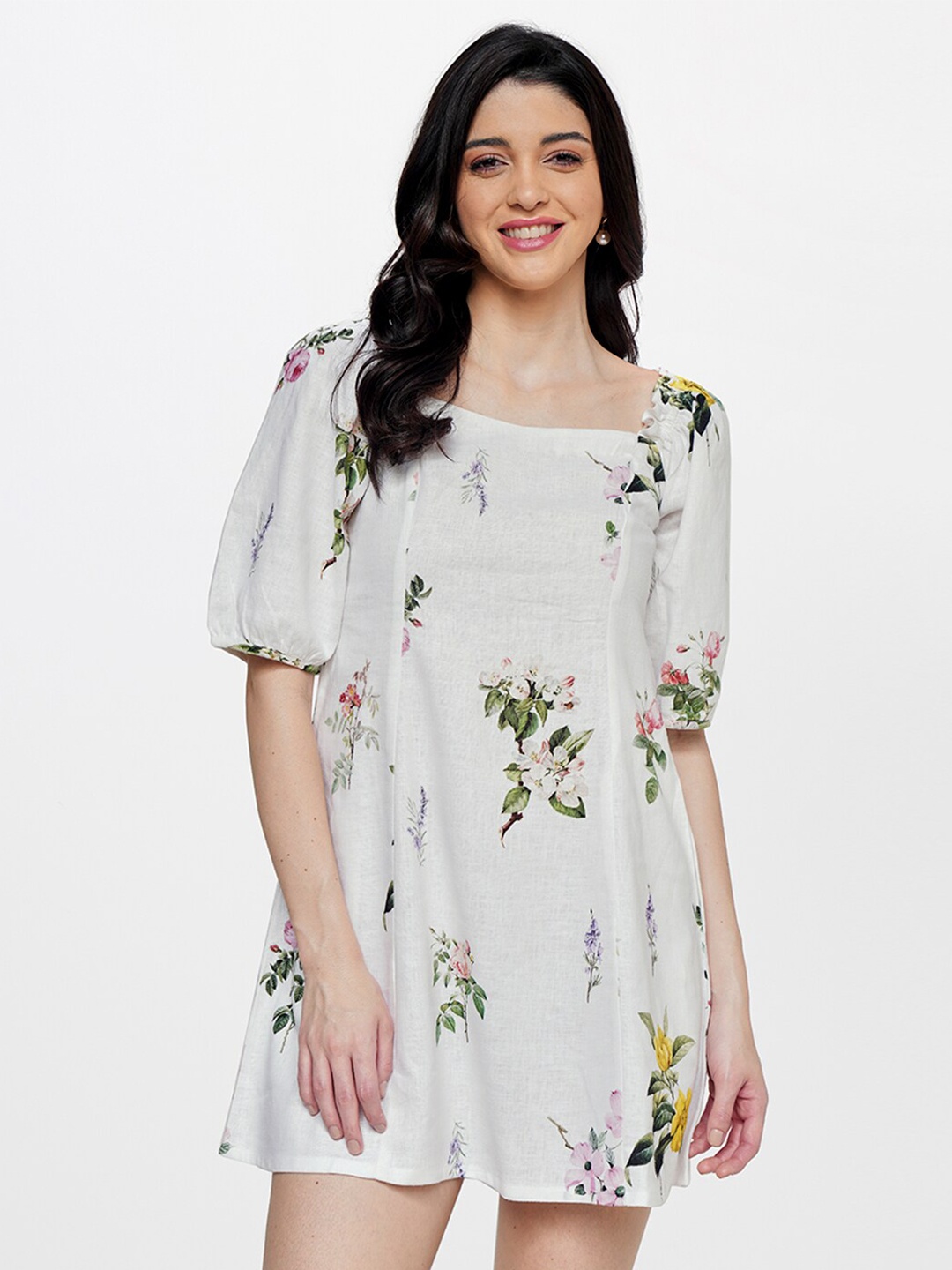 

AND Floral Printed Square Neck Puff Sleeve A-Line Dress, White