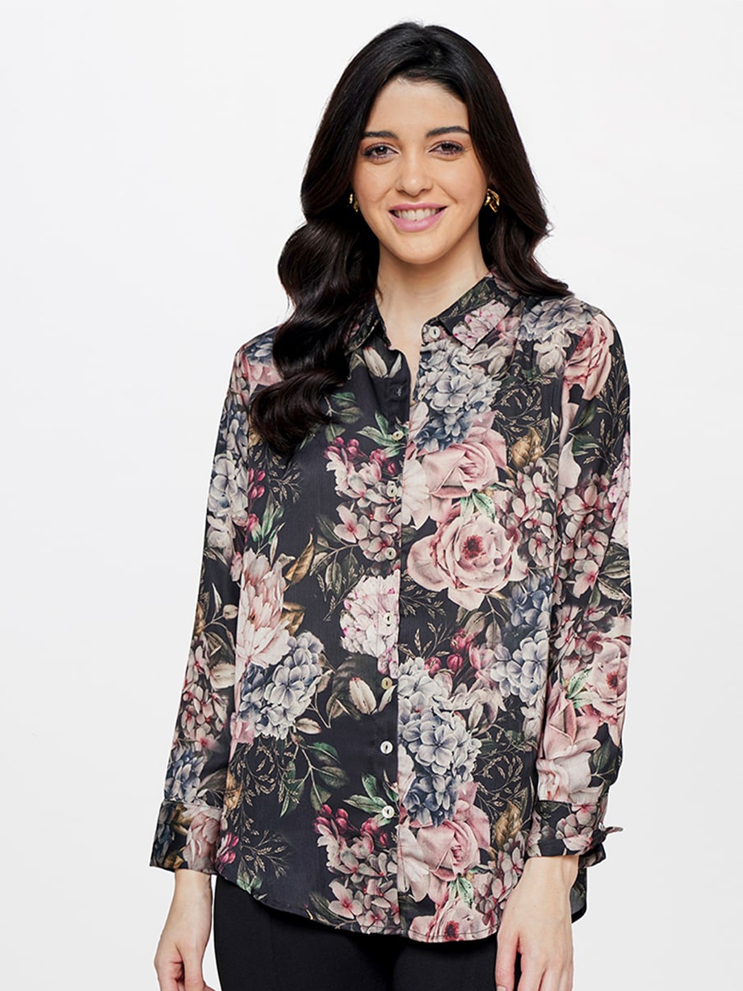 

AND Floral Print Shirt Style Top, Black