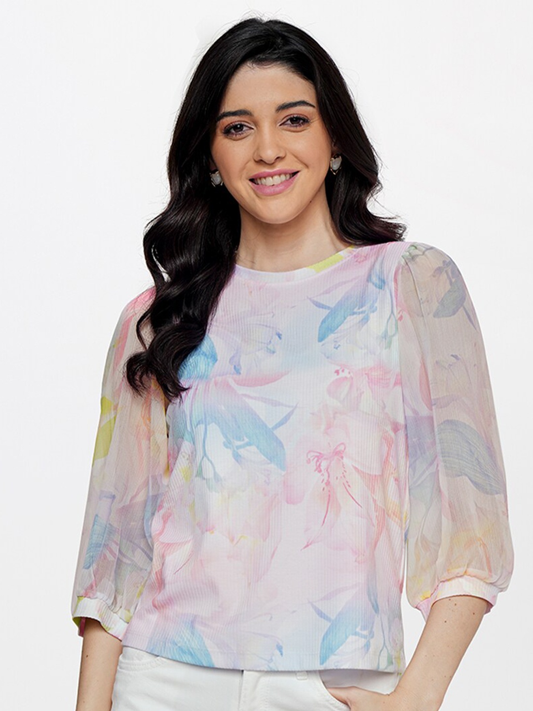 

AND Floral Printed Puff Sleeves Top, White
