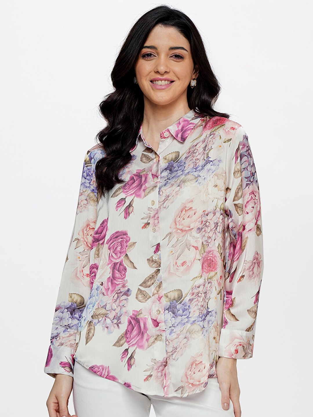 

AND Women Floral Printed Shirt Style Top, Peach