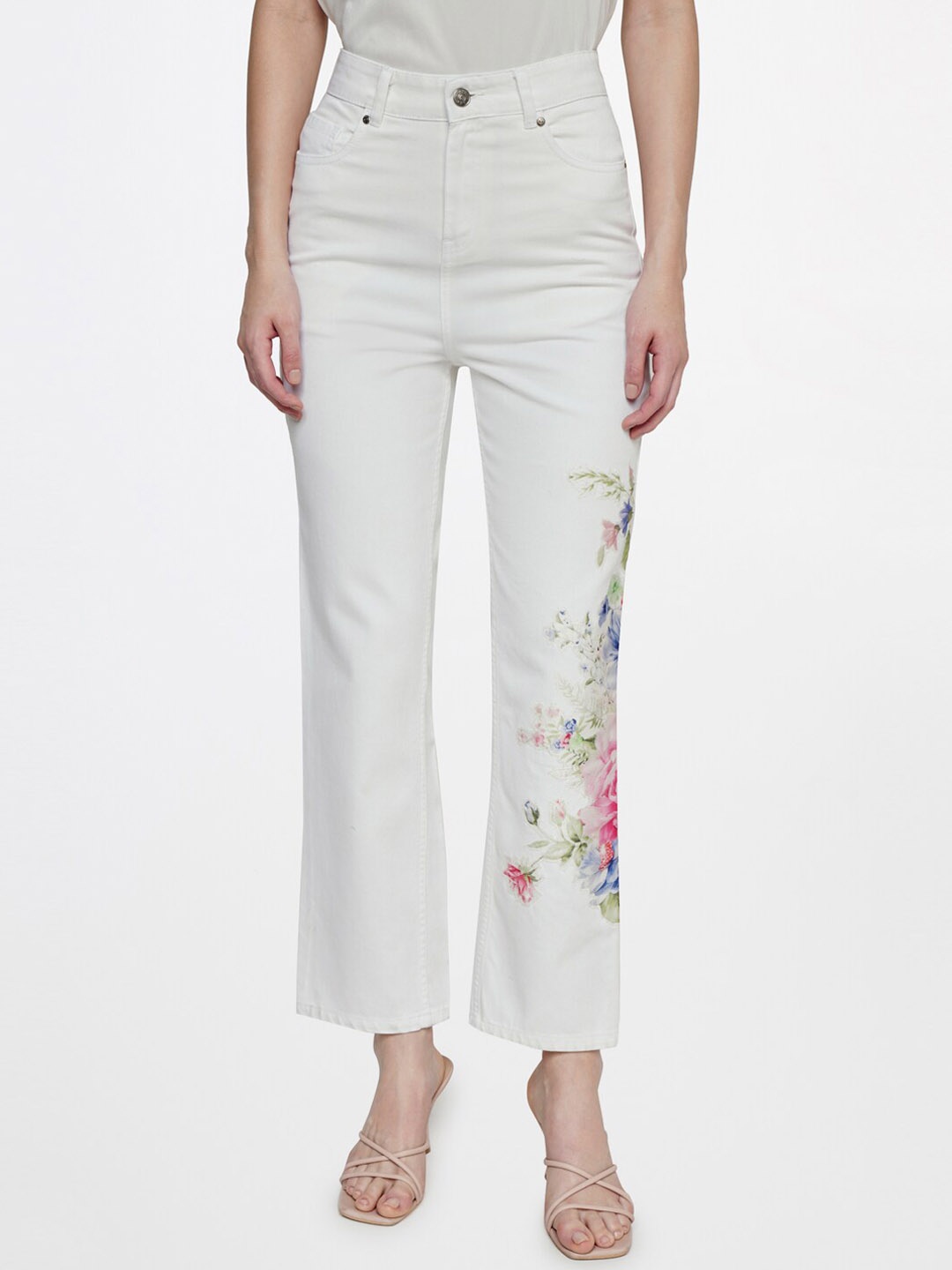 

AND Women Regular Fit Printed Cotton Jeans, White