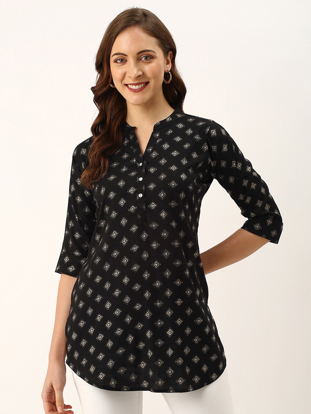 

ZOLA Geometric Printed Mandarin Collar Tunic, Black