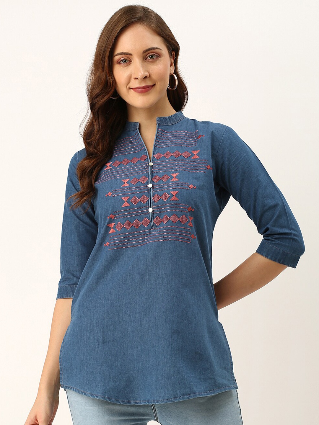 

ZOLA Embroidered Mandarin Collar Cotton Denim Tunic, Navy blue