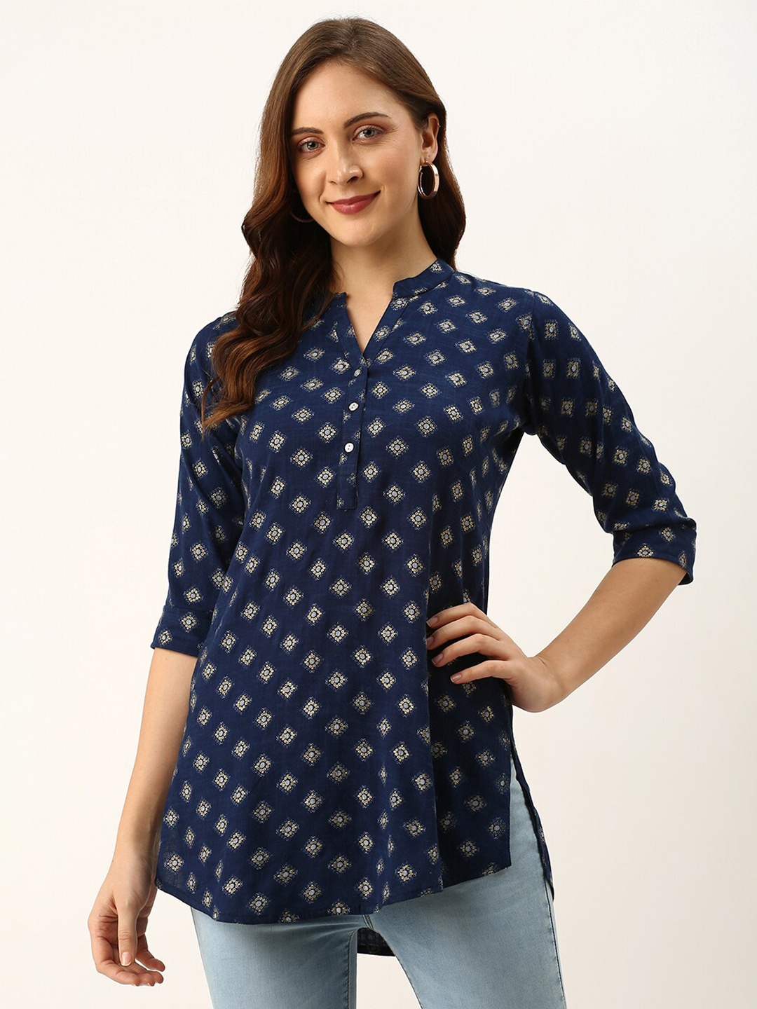 

ZOLA Geometric Printed Mandarin Collar Tunic, Blue