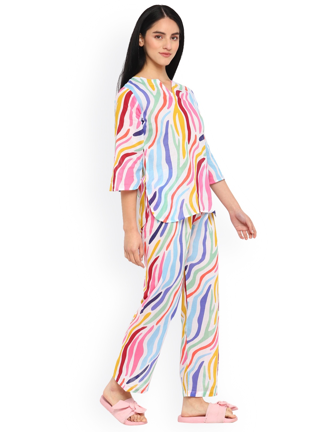 

shopbloom Women 2 Pieces Printed Pure Cotton Night suit, White