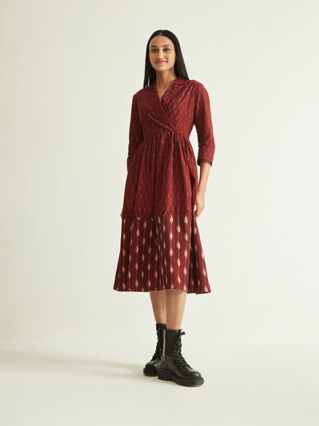

Ancestry Geometric Printed Cotton A-Line Midi Dress, Maroon