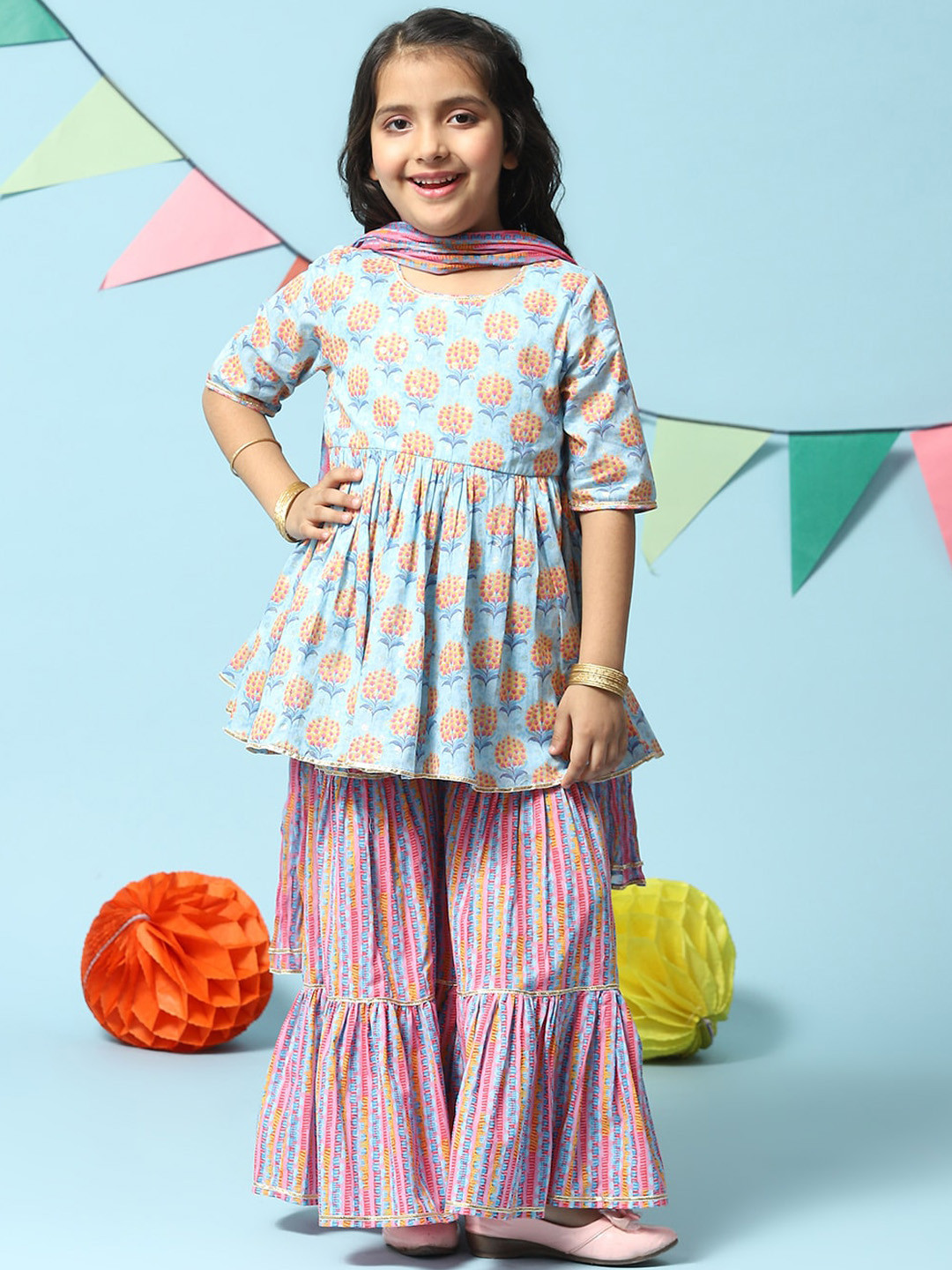 

Biba Girls Floral Printed Kurta With Sharara & Dupatta, Blue