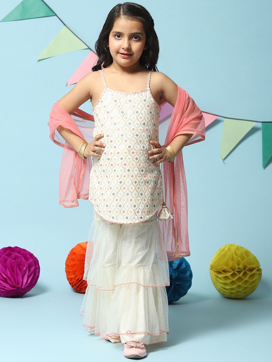 

Biba Girls Floral Embroidered Kurta With Sharara & Dupatta, Off white