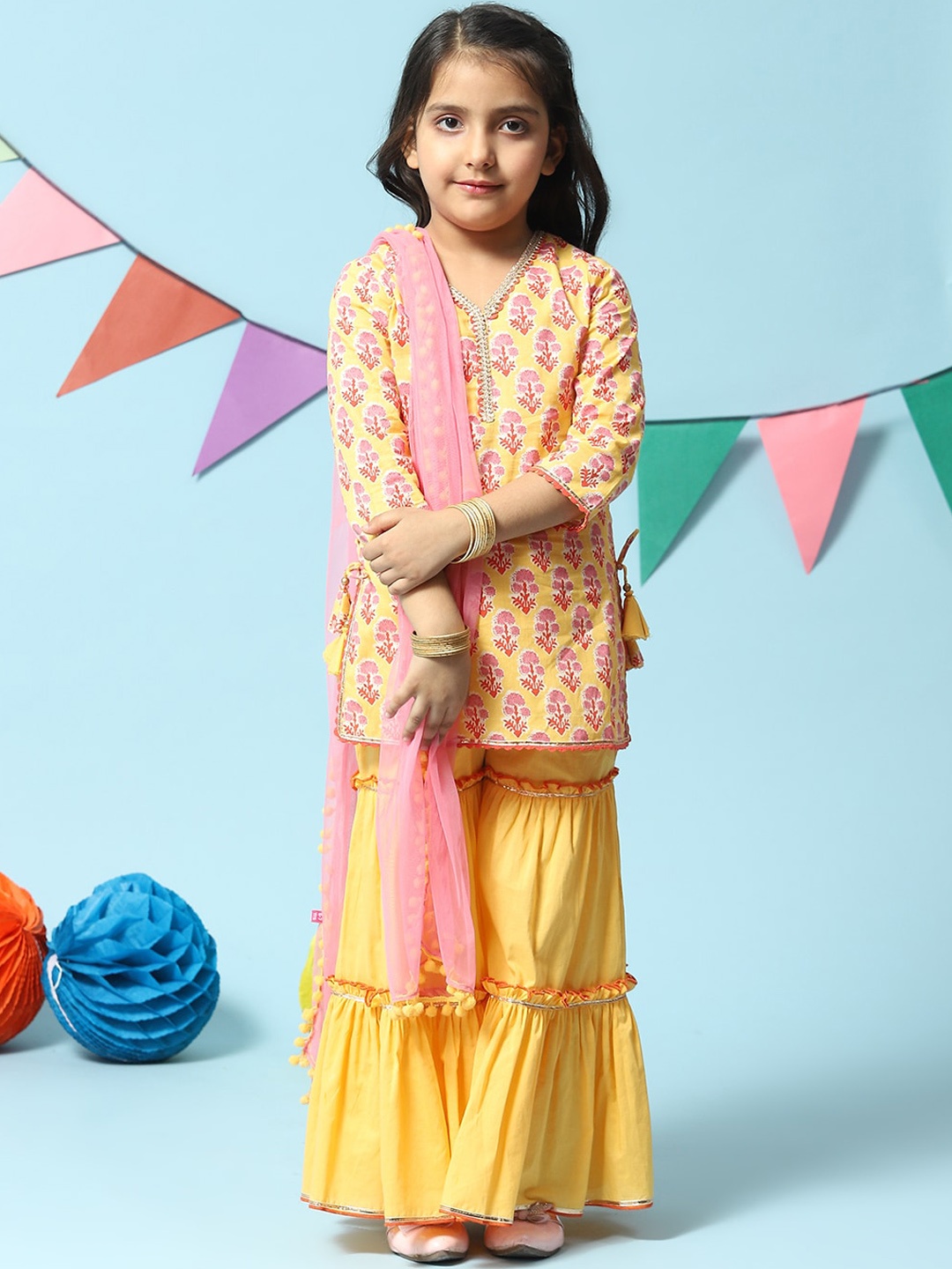 

Biba Girls Floral Printed Gotta Patti Kurta with Sharara & Dupatta, Yellow