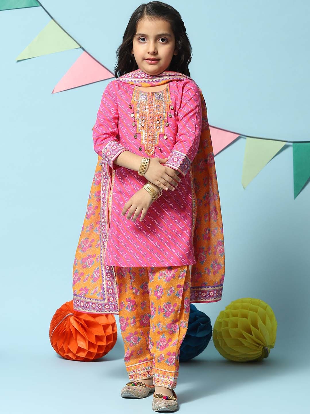 

Biba Girls Floral Printed Kurta with Salwar & Dupatta, Pink