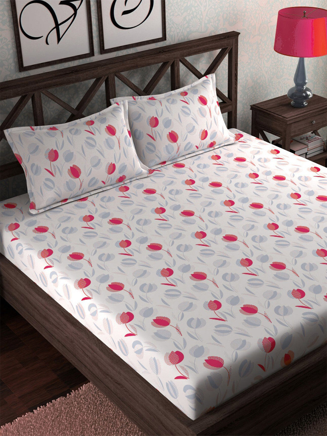 

CHHAVI INDIA Red & White Floral 210 TC Flat Queen Bedsheet with 2 Pillow Covers