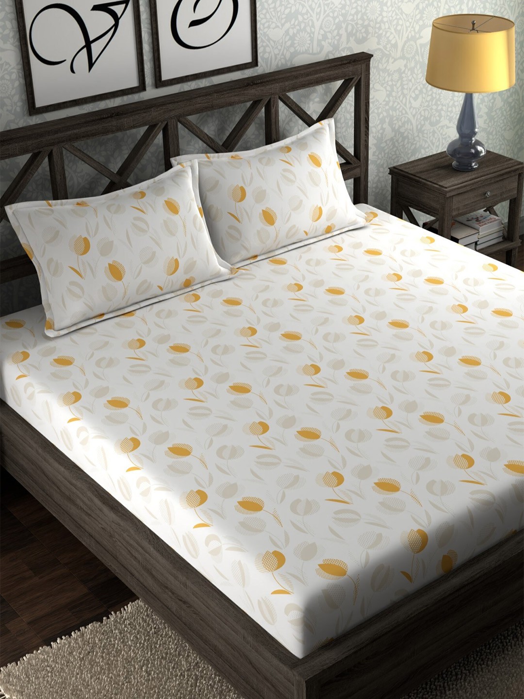 

CHHAVI INDIA White & Yellow Floral 210 TC Flat Queen Bedsheet with 2 Pillow Covers