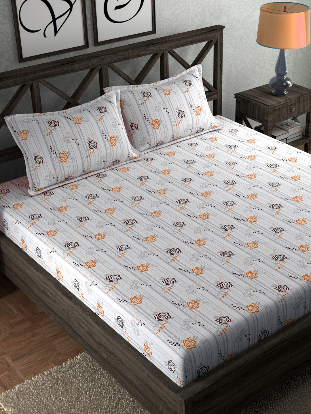 

CHHAVI INDIA Orange & Grey Floral 210 TC Flat Queen Bedsheet with 2 Pillow Covers