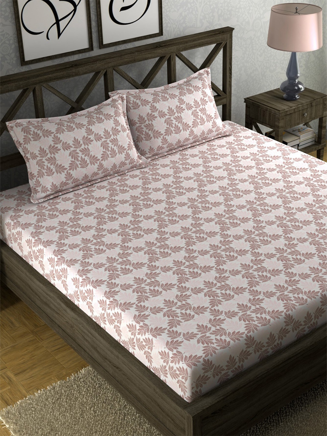 

CHHAVI INDIA White & Beige Floral 210 TC Flat Queen Bedsheet with 2 Pillow Covers