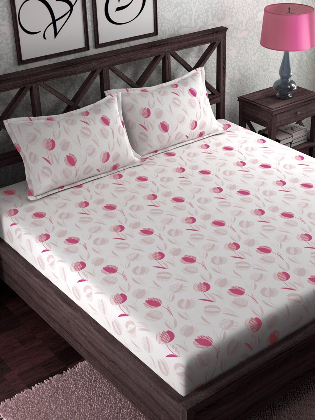 

CHHAVI INDIA White & Pink Floral 210 TC Flat Queen Bedsheet with 2 Pillow Covers