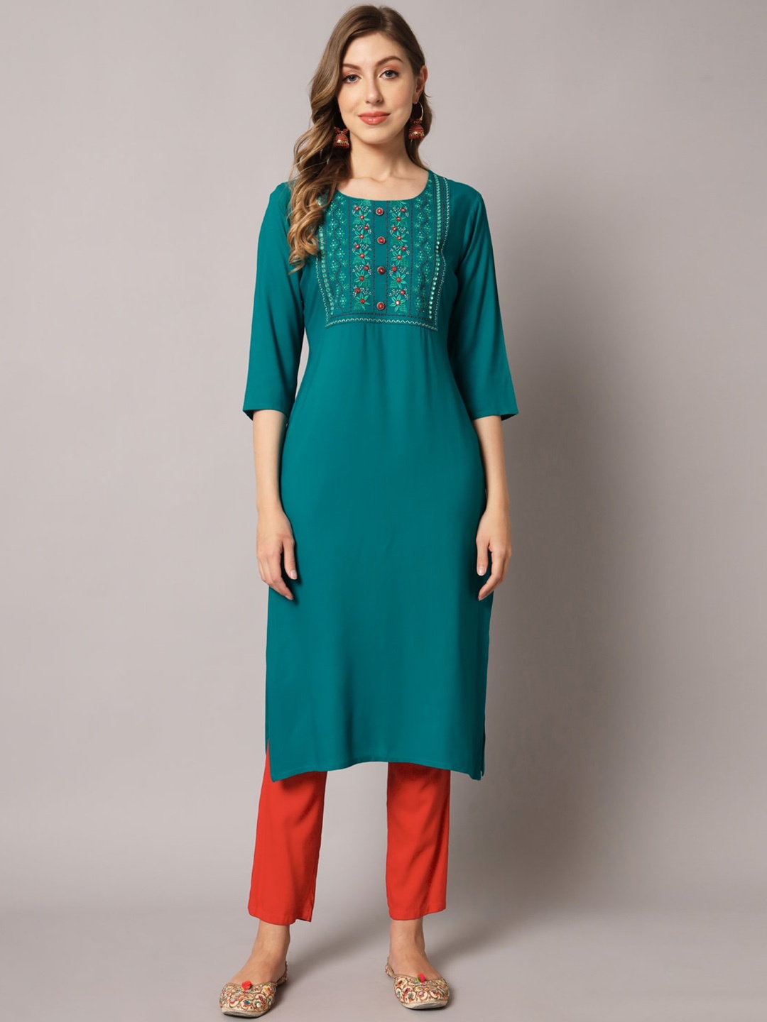 

PREKSHA Women Yoke Design Thread Work Kurta, Turquoise blue