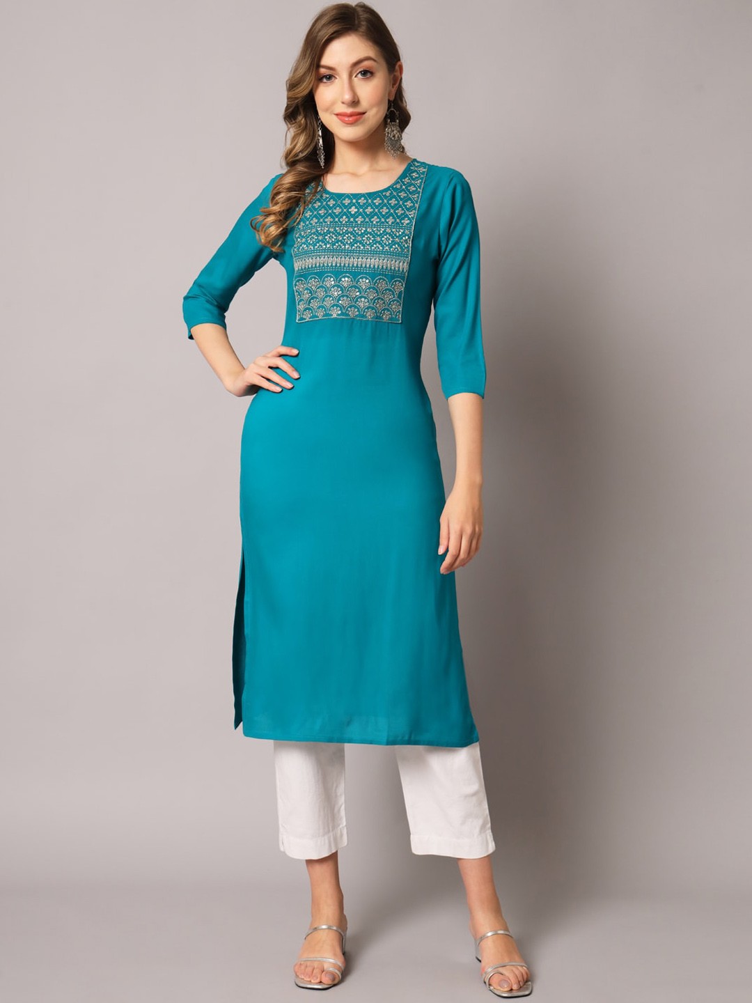 

PREKSHA Ethnic Motifs Yoke Design Flared Sleeves Thread Work Kurta, Turquoise blue