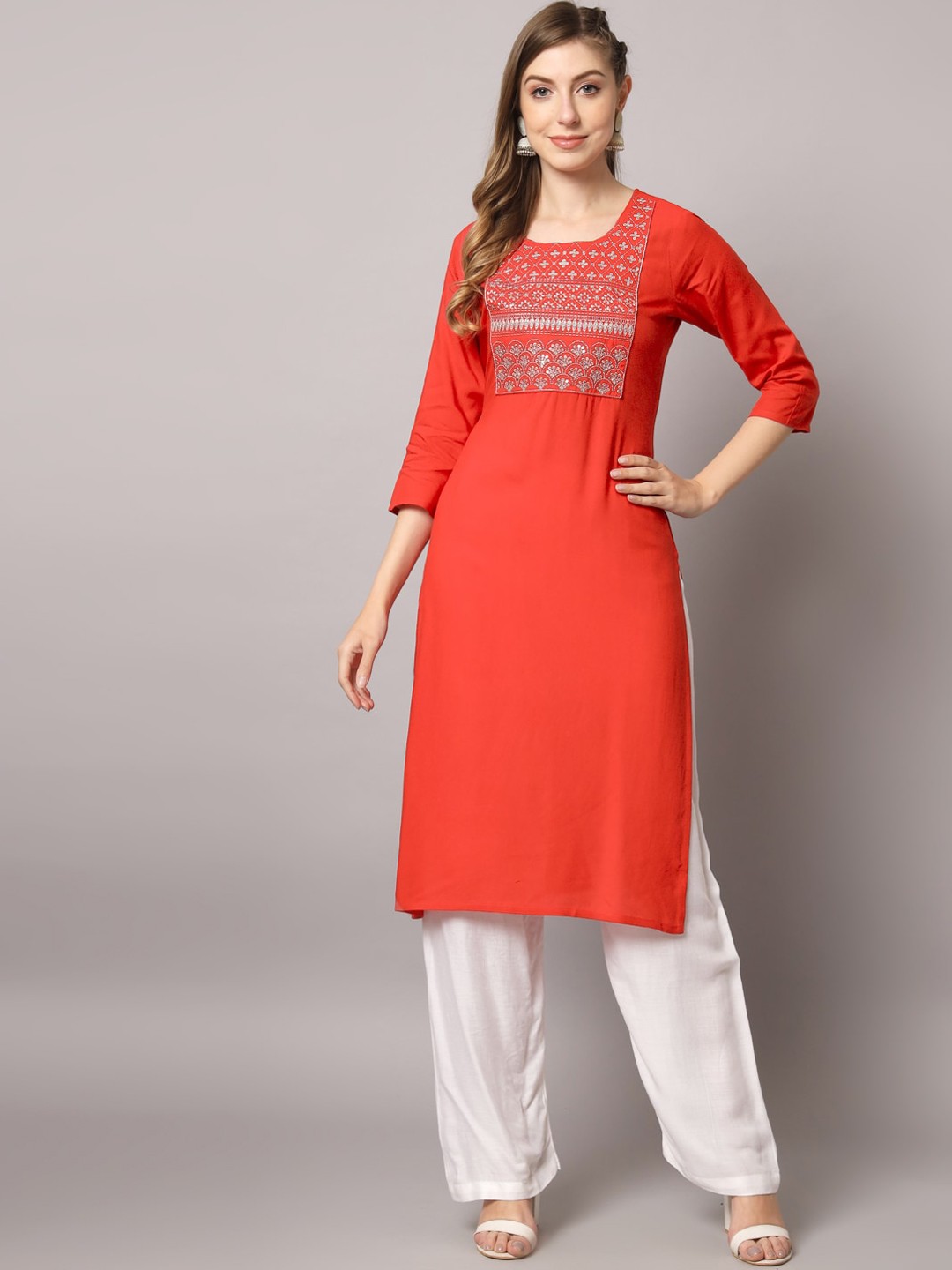 

PREKSHA Women Ethnic Motifs Yoke Design Zari Kurta, Red