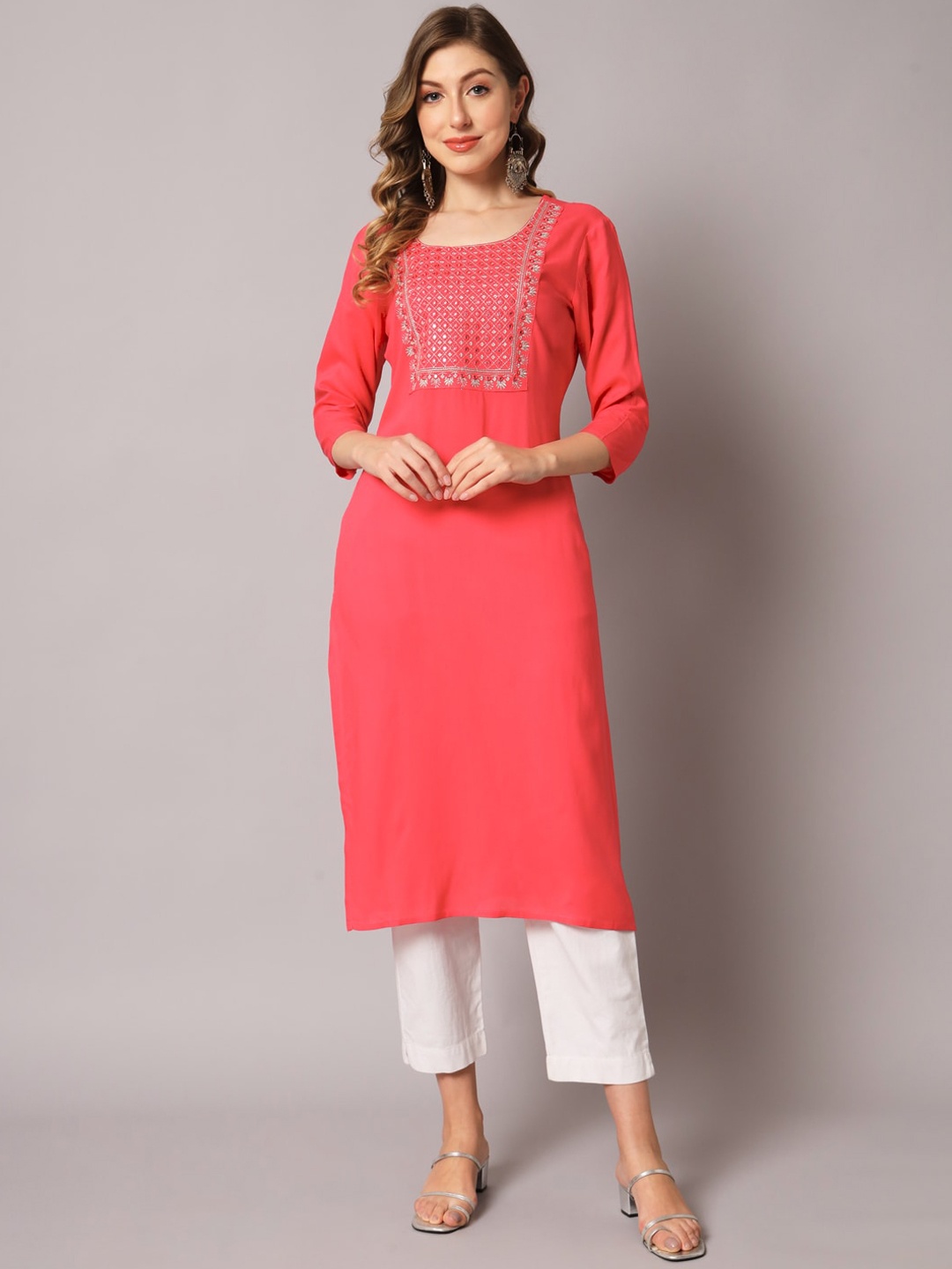 

PREKSHA Ethnic Motifs Yoke Design Mirror Work Kurta, Peach