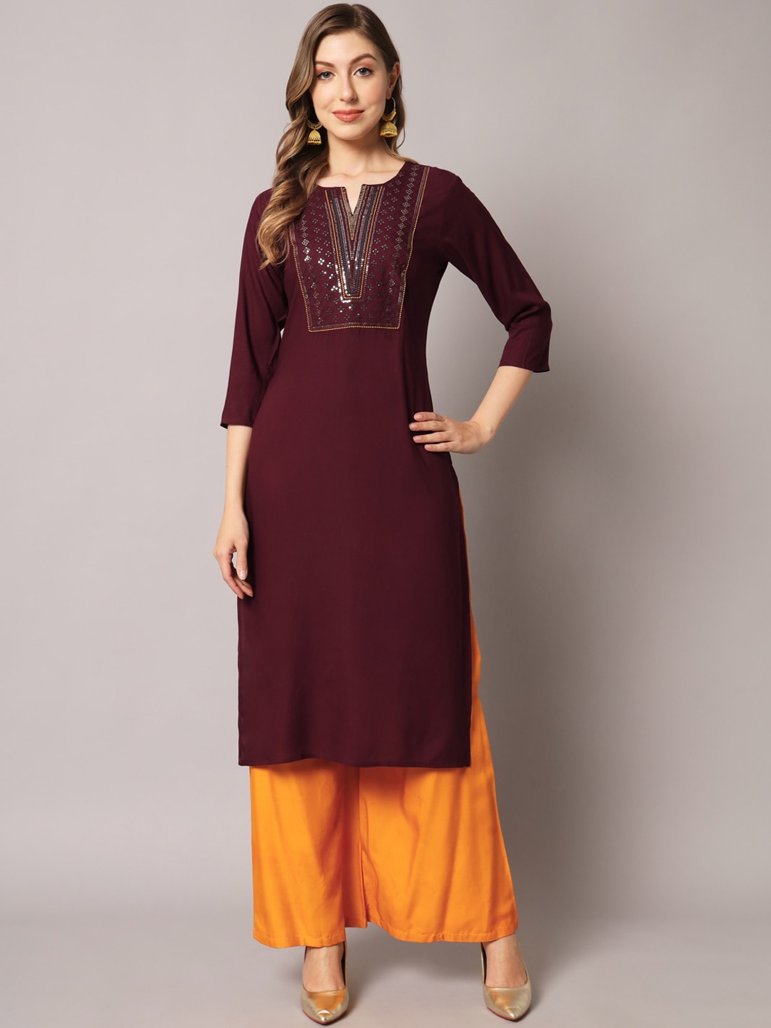 

PREKSHA Women Magenta Notched Neck Sequined Kurta, Maroon