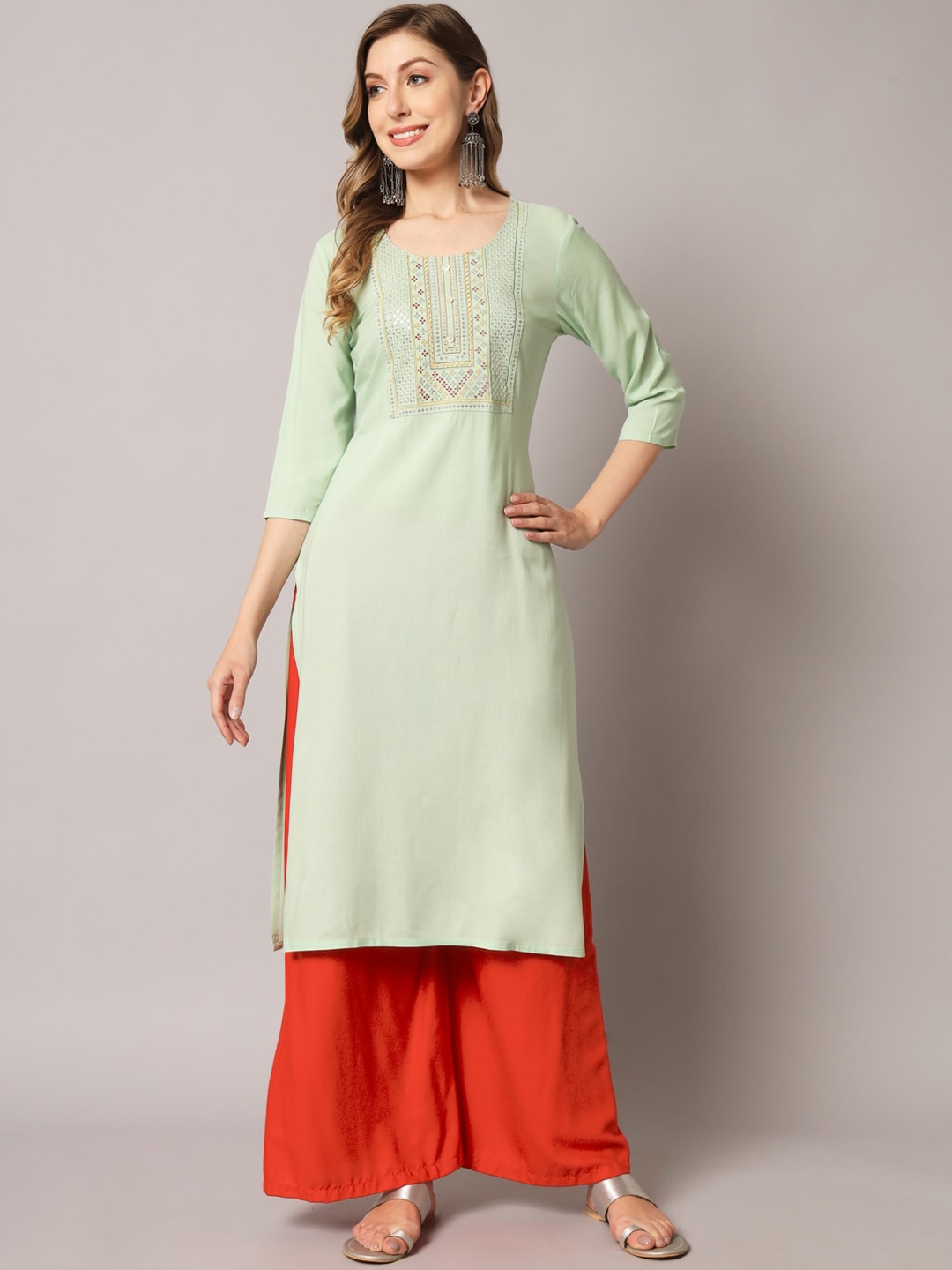 

PREKSHA Women Sequined Round Neck Kurta, Lime green