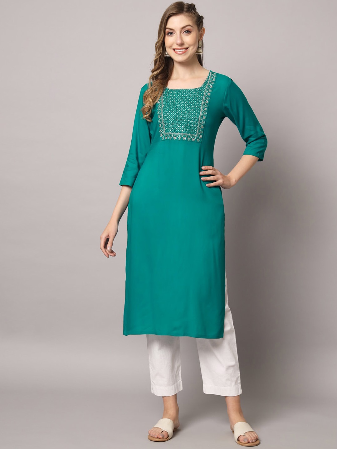 

PREKSHA Women Ethnic Motifs Yoke Design Thread Work Kurta, Teal
