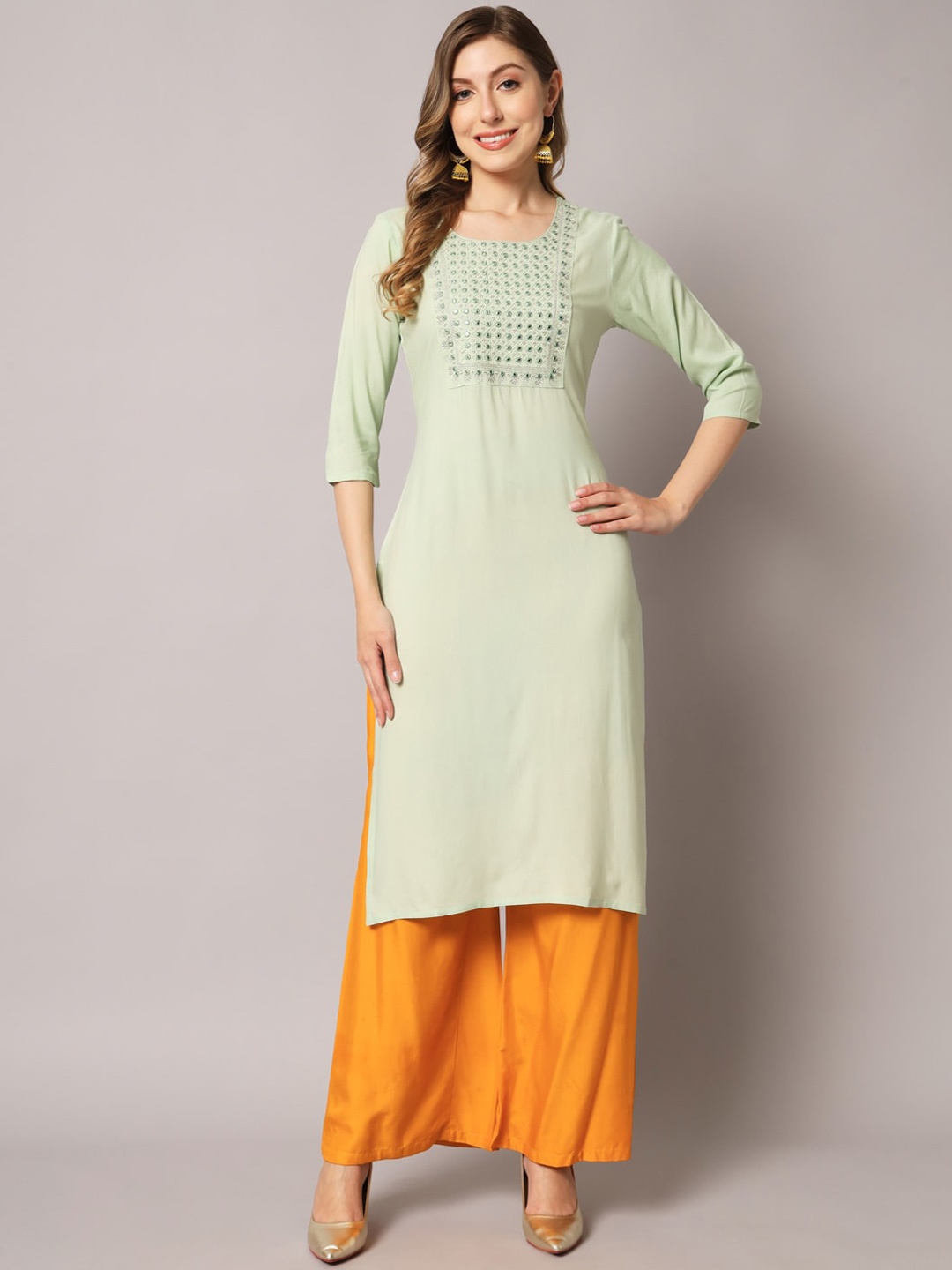 

PREKSHA Women Ethnic Motifs Yoke Design Mirror Work Kurta, Lime green